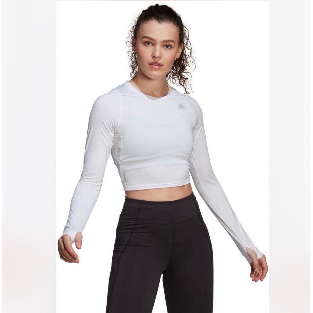 Adidas Long Sleeve Cropped Top White Womens M Aeroready Athletic Running Workout